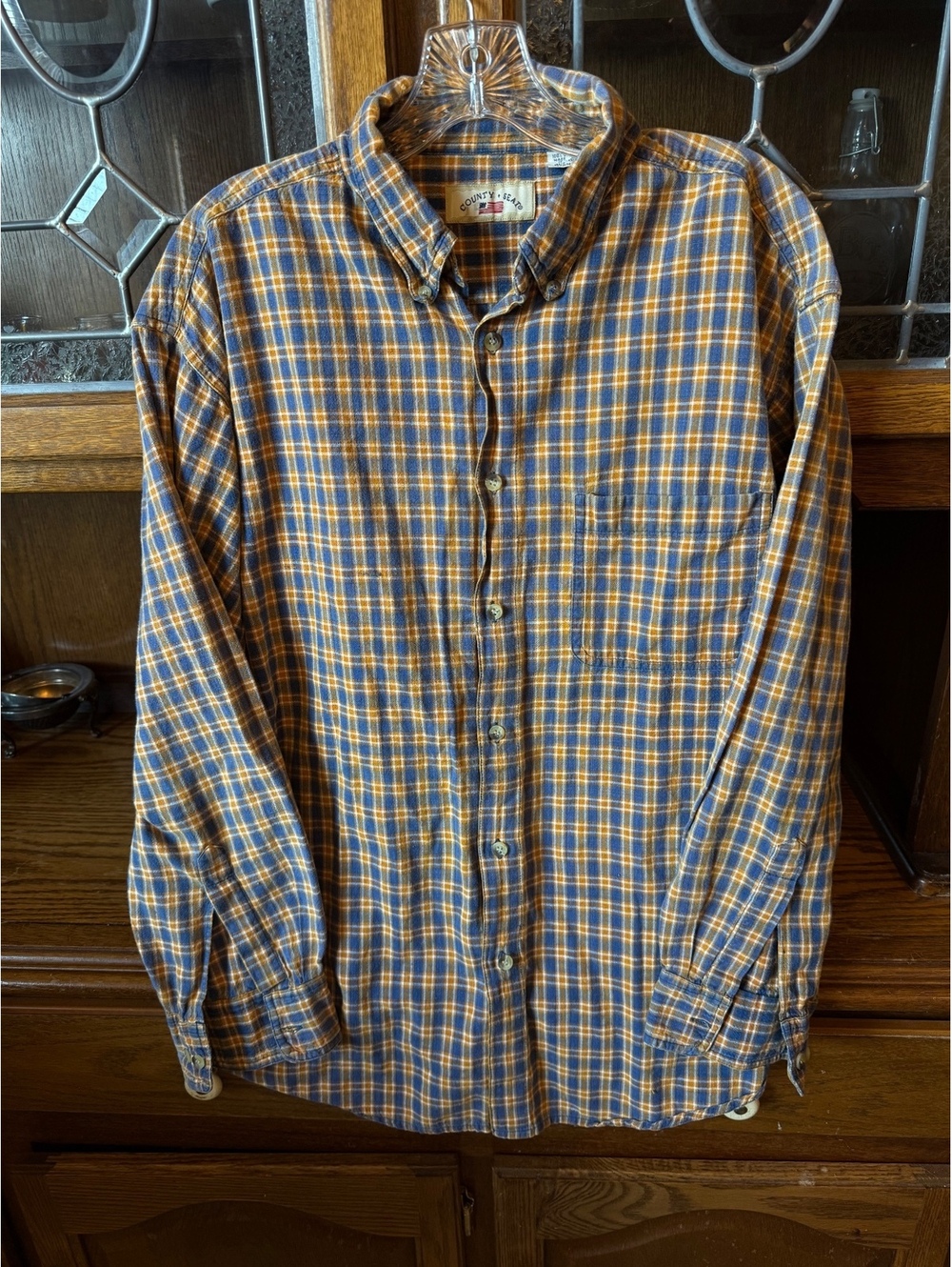 Vintage County Seat Blue Yellow Plaid Flannel Button Down Shirt Mens Size XL